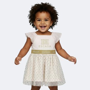 Younger Girls Ivory Logo Tulle Dress