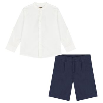 Boys White & Navy Blue Shorts Set