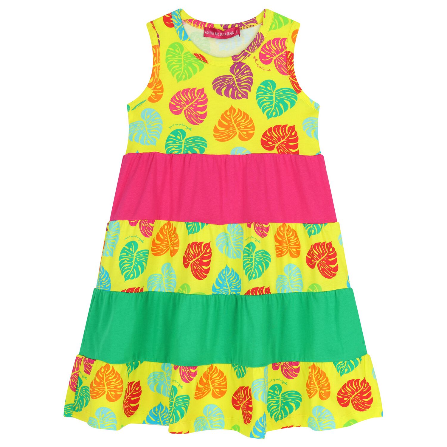 Girls Yellow, Pink, & Green Palm Leaves Dress, 1, hi-res