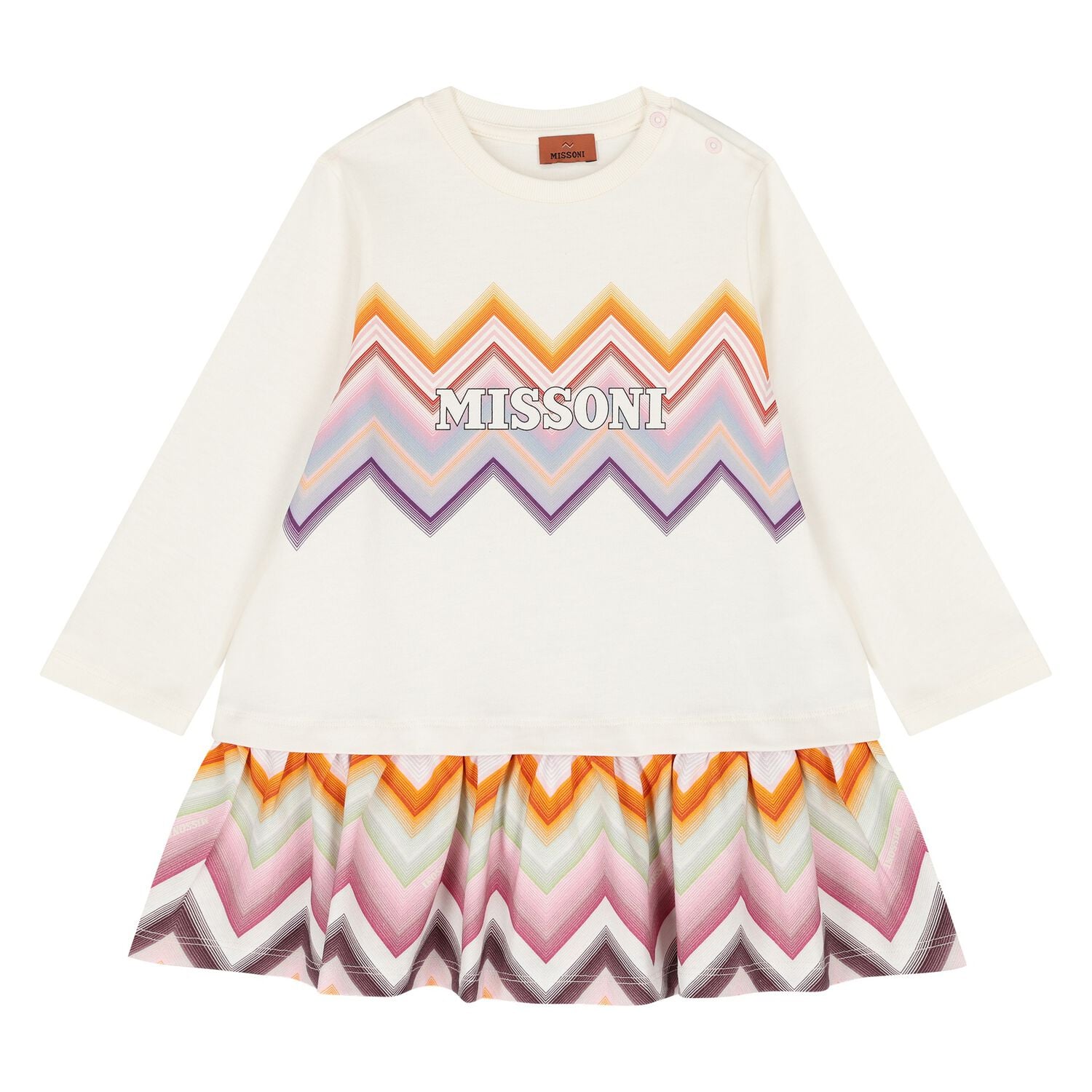 Younger Girls Ivory & Pink Zig Zag Logo Dress, 1, hi-res