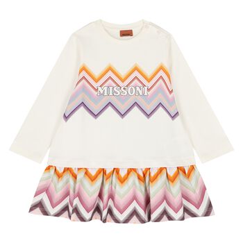 Younger Girls Ivory & Pink Zig Zag Logo Dress