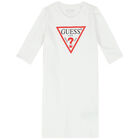 Girls White Logo Long Sleeve Dress, 1, hi-res