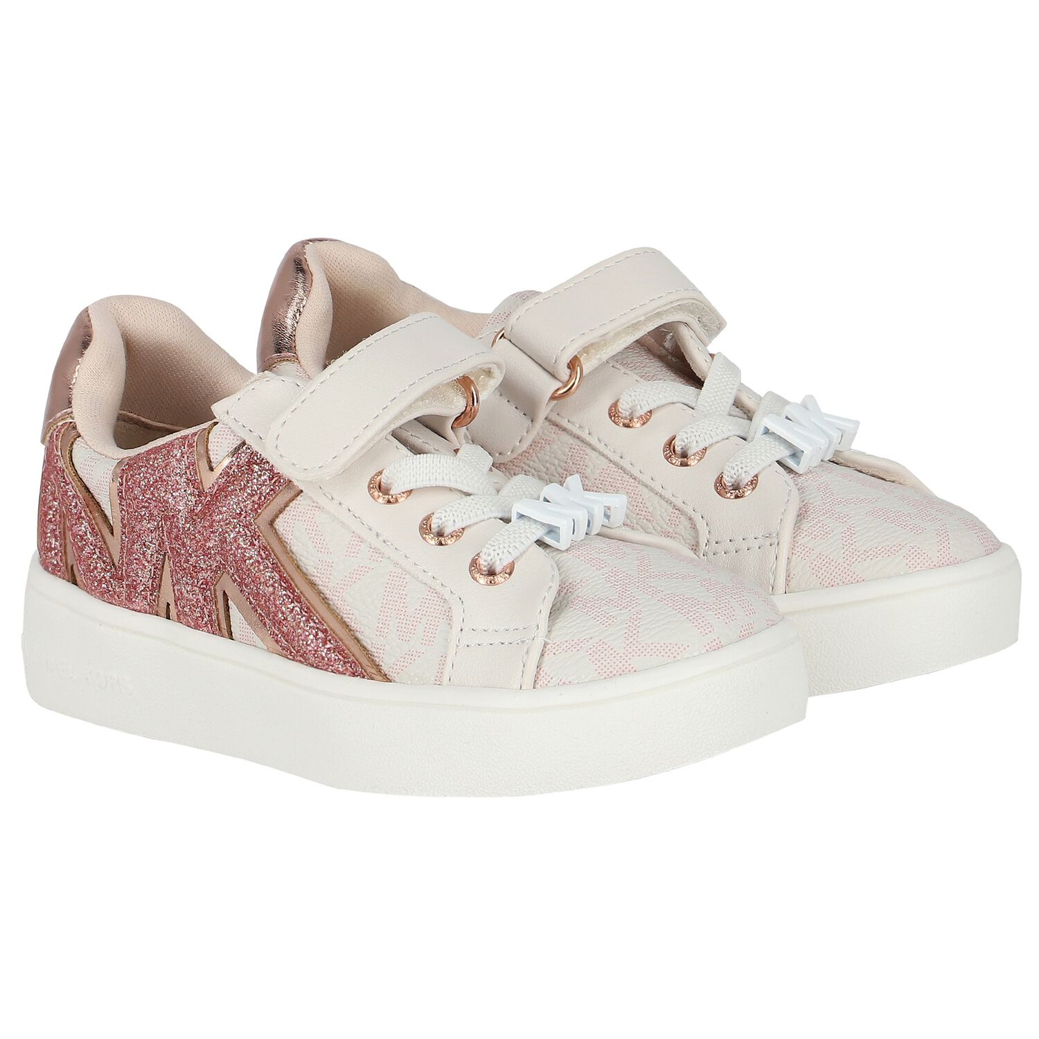 Girls Ivory & Pink Logo Trainers, 1, hi-res
