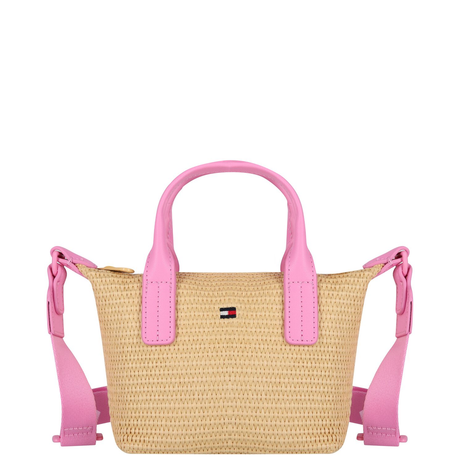 Girls Pink & Beige Raffia Logo Hand Bag ( 20cm ), 1, hi-res