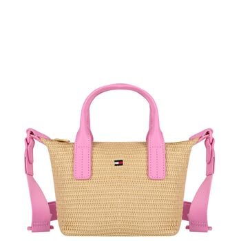 Girls Pink & Beige Raffia Logo Hand Bag ( 20cm )