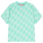 Boys Aqua & White Check Logo T-Shirt, 2, hi-res