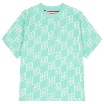Boys Aqua & White Check Logo T-Shirt
