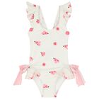 Girls White & Pink Rose Ruffled Swimsuit, 1, hi-res