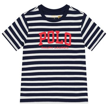 Boys White & Navy Blue Logo Striped T-Shirt