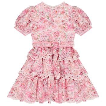 Girls Pink Embroidered Floral Tiered Dress 