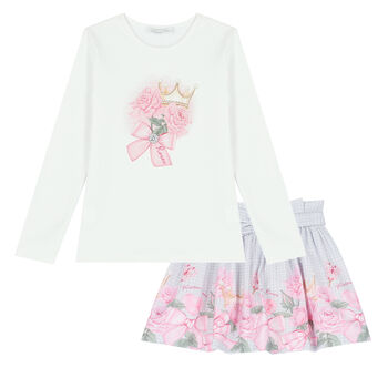 Girls White & Purple Rose Print Skirt Set