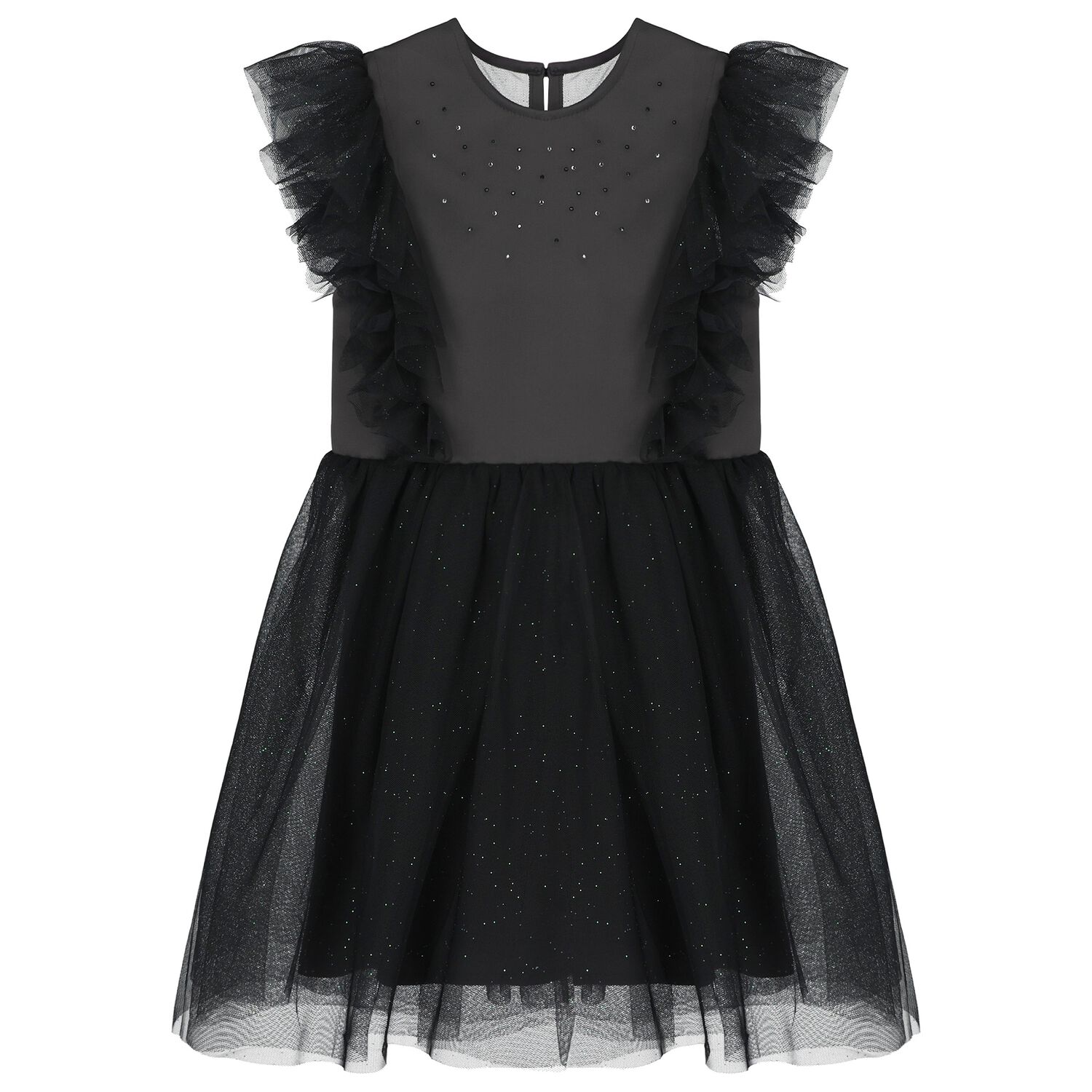 Girls Black Satin & Tulle Dress, 1, hi-res