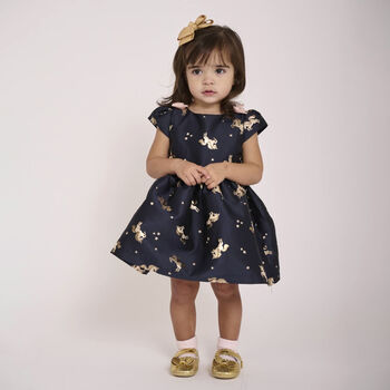 Baby Girls Navy Blue Unicorn Jacquard Dress