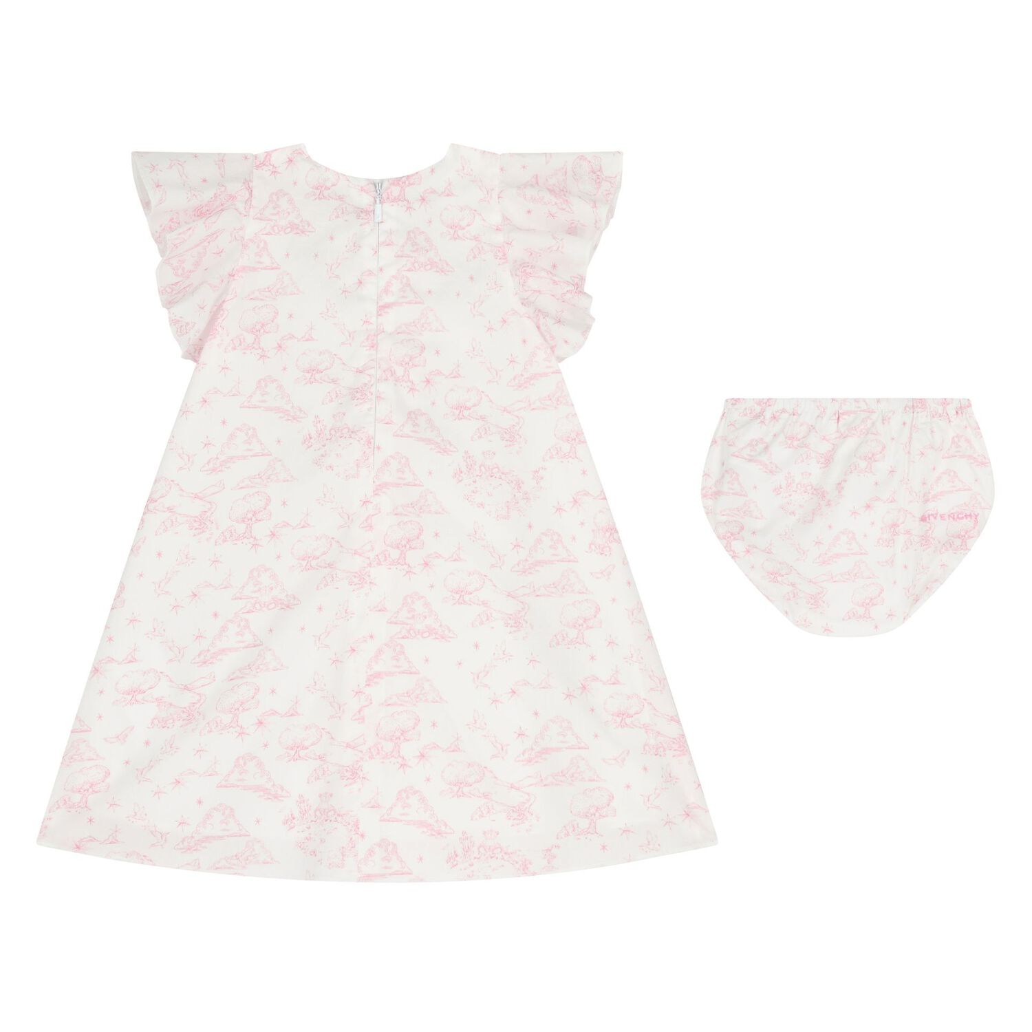 Baby Girls White & Pink Toile de Jouy Dress Set, 1, hi-res
