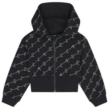 Girls Black Logo Hooded Zip Up Top