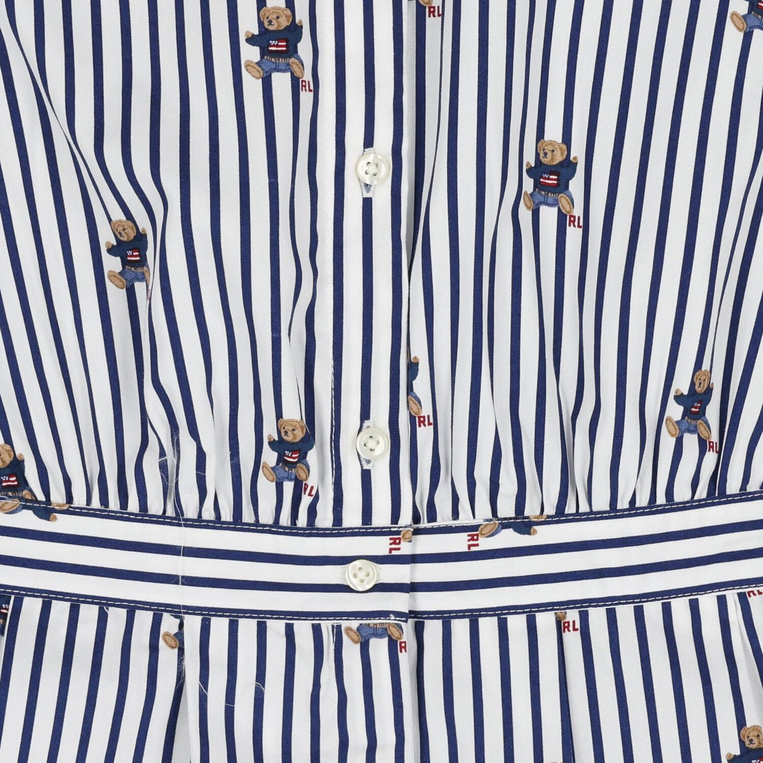 Girls White & Blue Polo Bear Striped Dress, 1, hi-res
