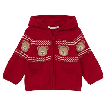 Younger Boys Red Teddy Bear Knitted Hooded Top