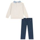 Boys Ivory & Blue Teddy Bear Logo Trousers Set, 1, hi-res
