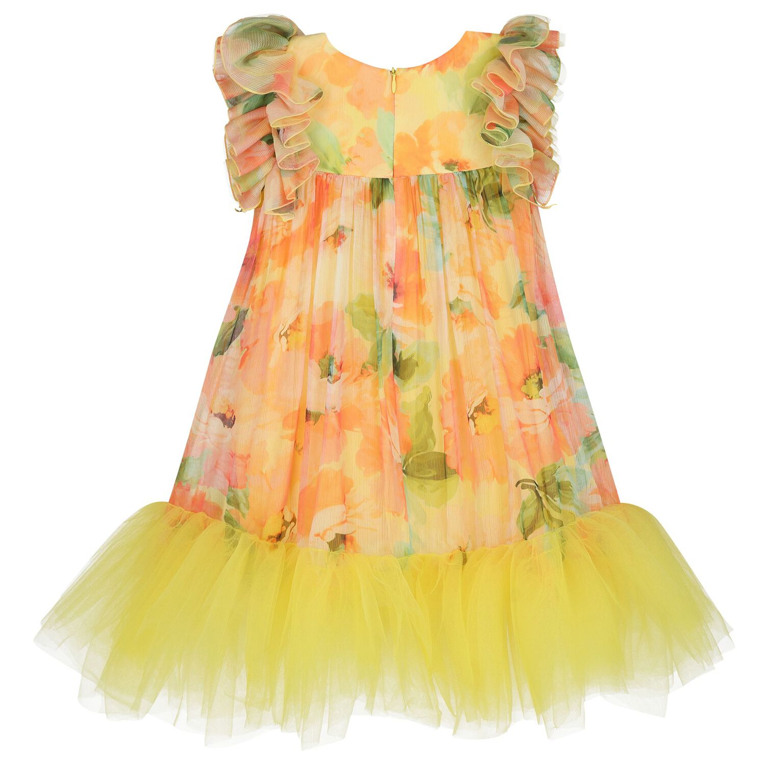 Girls Yellow & Orange Floral Tulle Dress, 1, hi-res