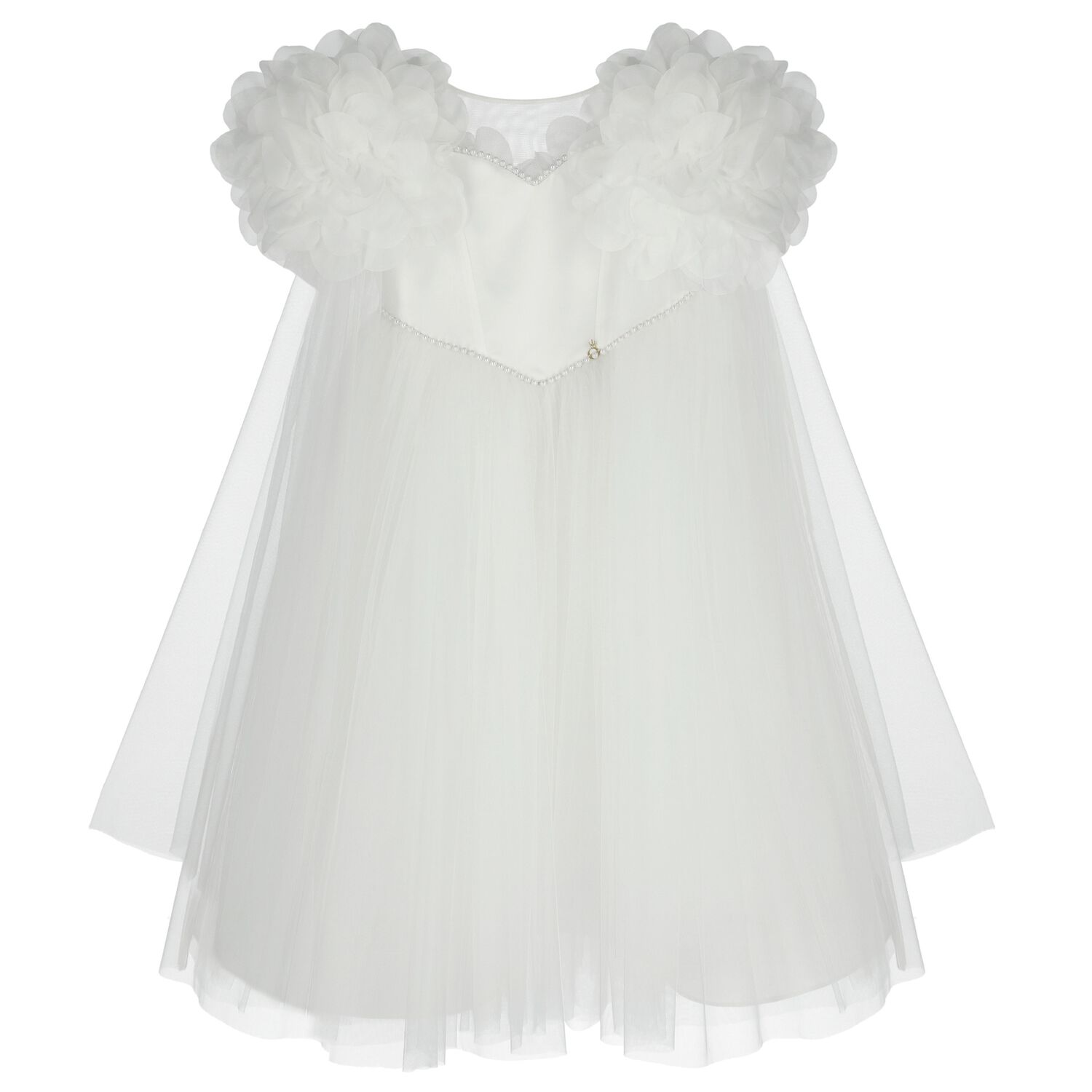 Girls Cendice White Organza Floral & Tulle Cape Dress, 1, hi-res