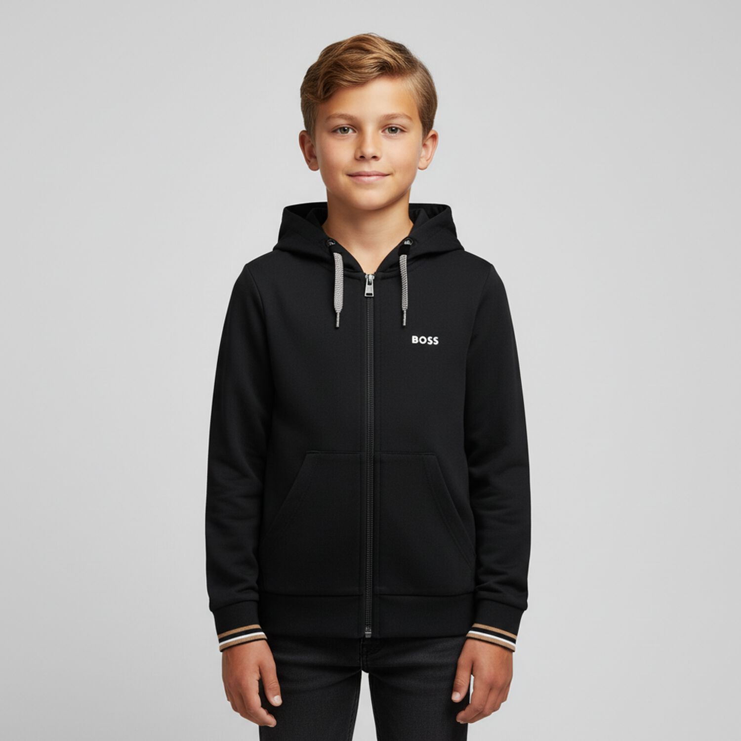 Boys Black Logo Hooded Zip Up Top, 1, hi-res image number null