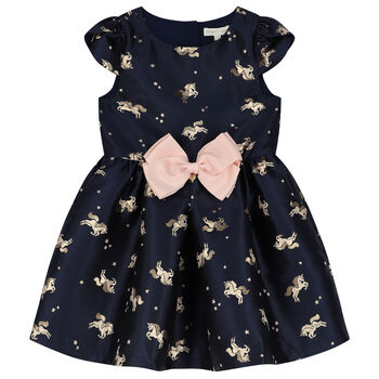 Girls Navy Blue Unicorn Jacquard Dress