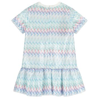 Girls White & Blue Zig Zag Embellished Sequin Dress