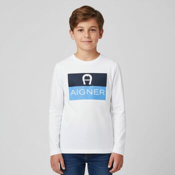 Boys White Logo Long Sleeve Top