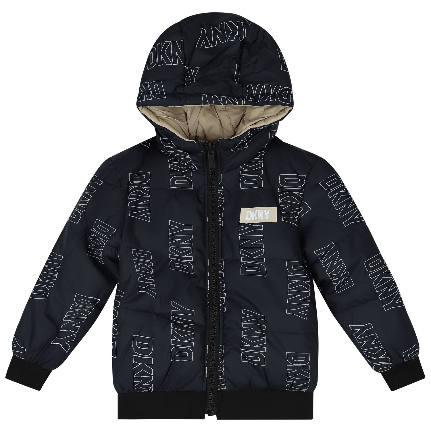 Black & Beige Logo Reversible Puffer Jacket, 1, hi-res
