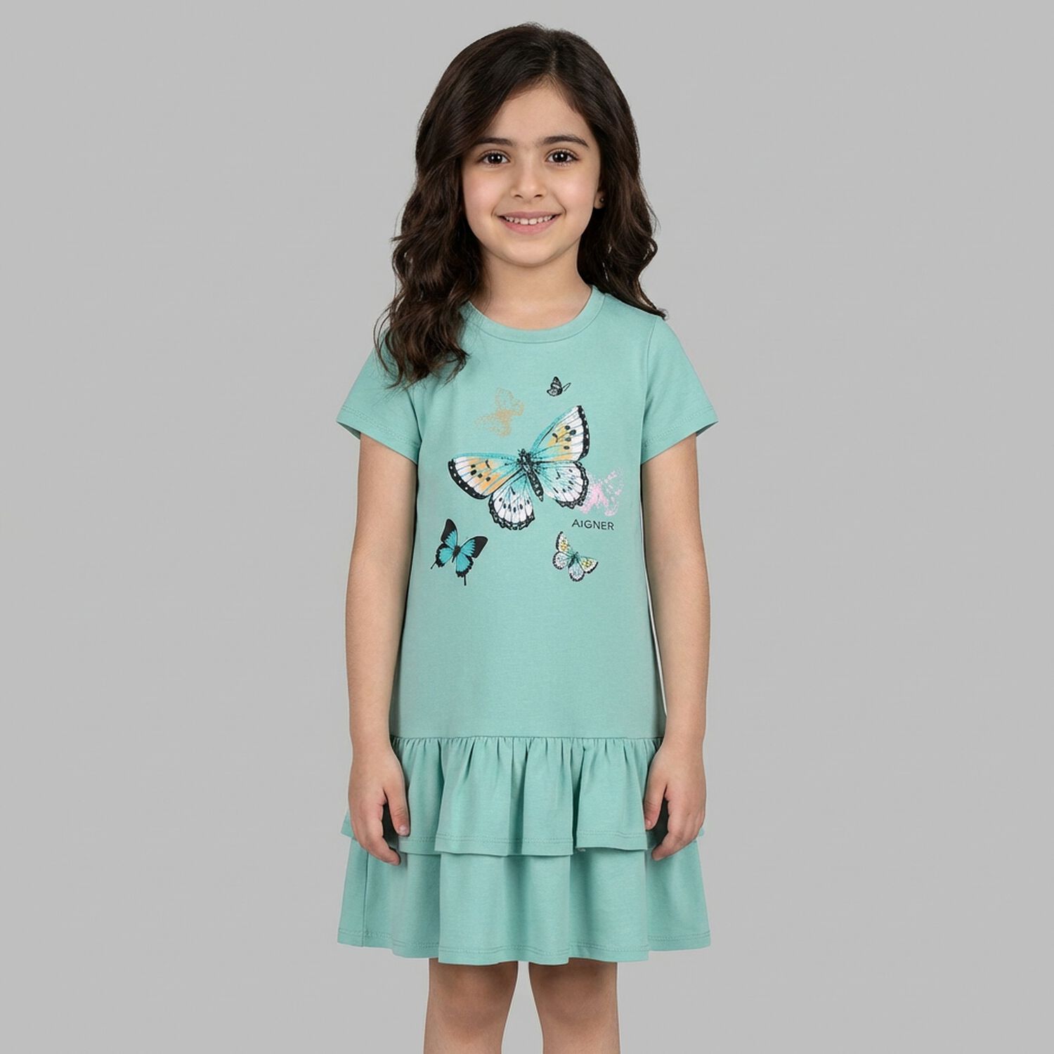 Girls Green Butterflies Logo Dress, 2, hi-res