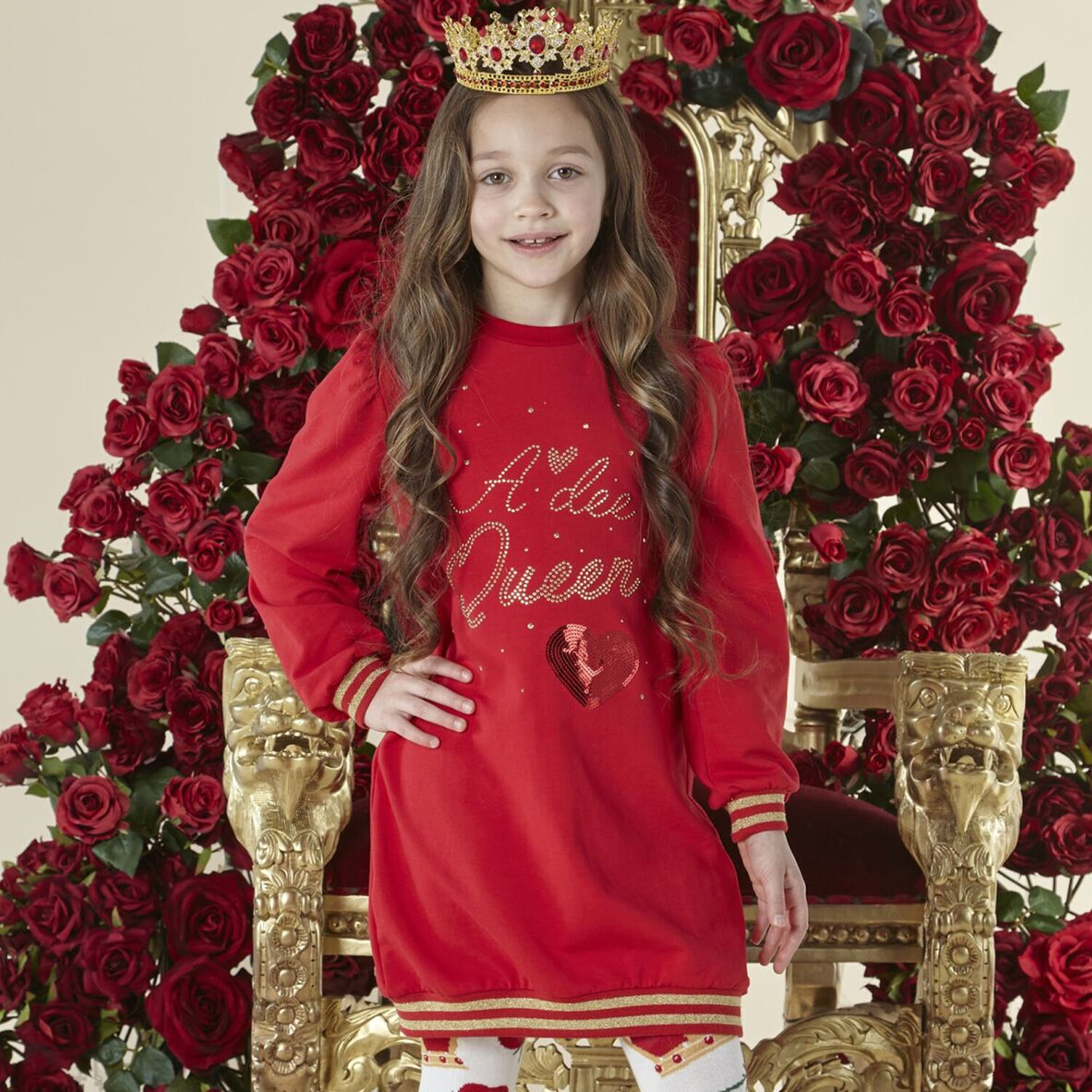 فستان بنات بالشعار باللون الاحمر والذهبى, 1, hi-res image number null