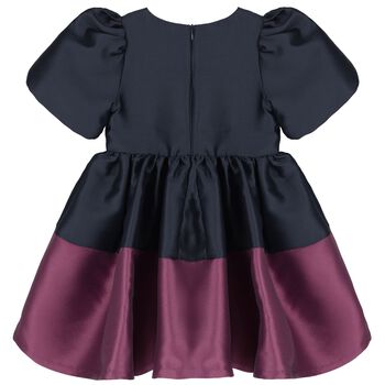 Girls Pink & Navy Blue Satin Bow Dress