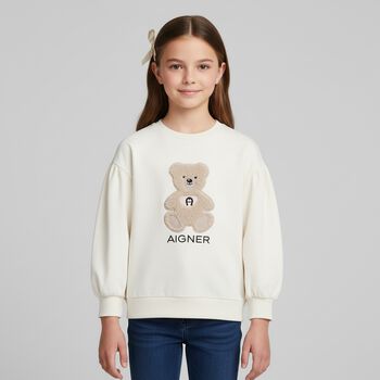 Girls Ivory Teddy Bear Logo Sweatshirt