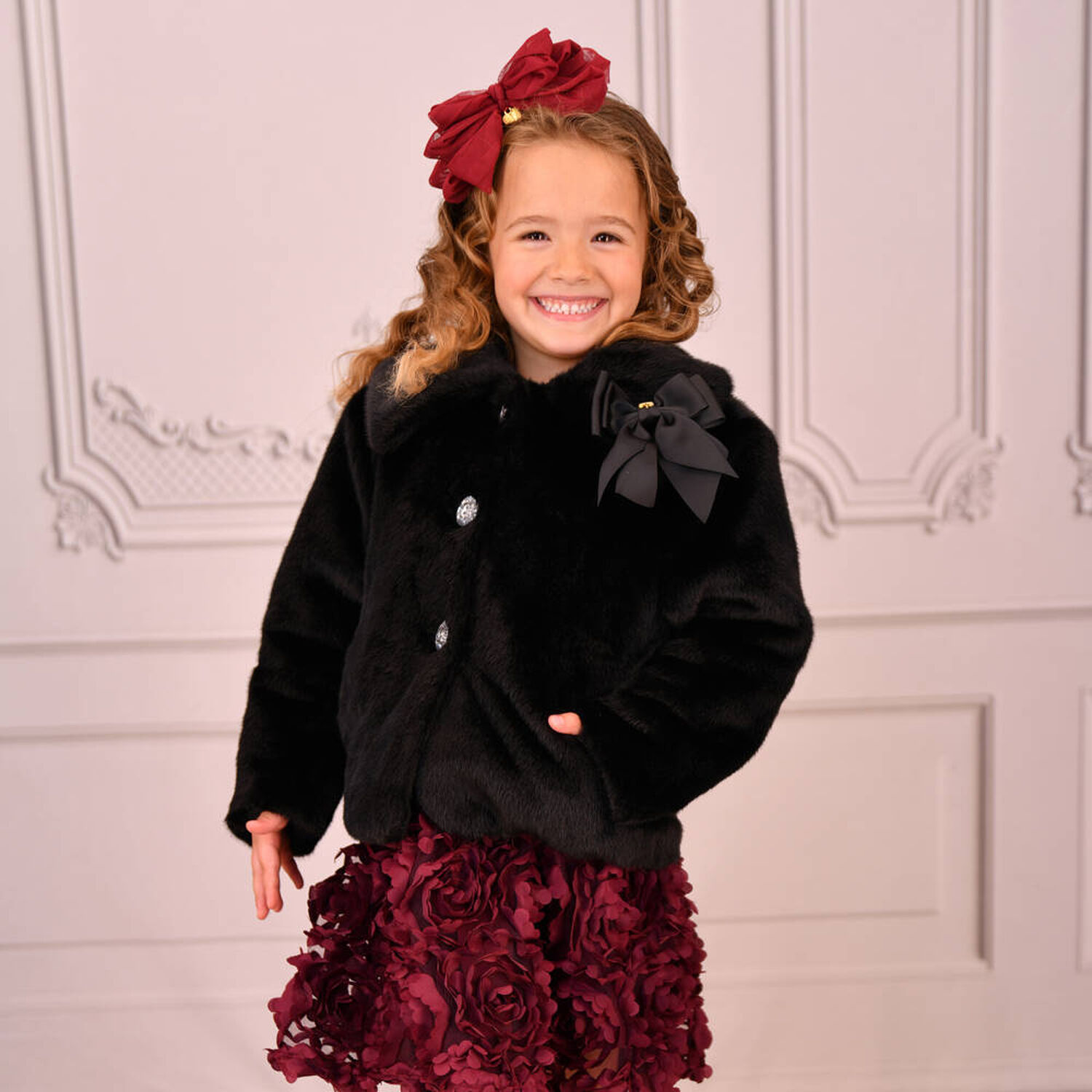 Girls Black Bow Faux Fur Jacket, 1, hi-res