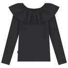 Girls Black Ruffle Long Sleeve Top, 2, hi-res