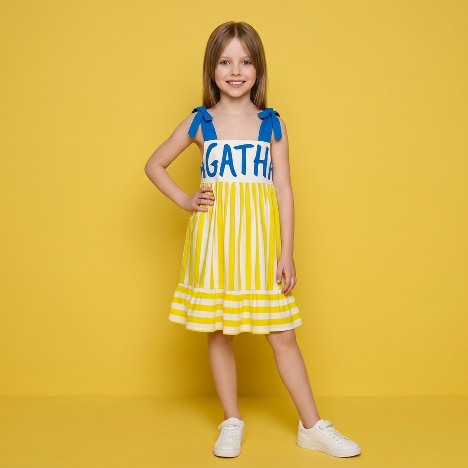 Girls White, Yellow & Blue Logo Dress, 1, hi-res