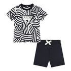 Baby Boys White & Navy Blue Logo Shorts Set, 3, hi-res