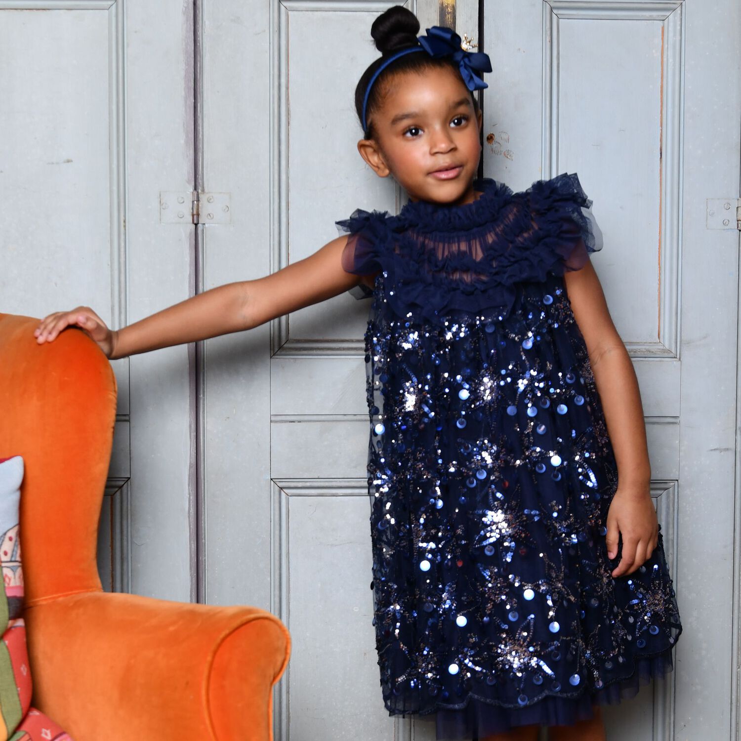 Girls Navy Blue Embellished Tulle Dress, 4, hi-res