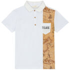 Boys White & Beige Logo Geo Map Polo Shirt, 1, hi-res