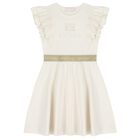 Girls Ivory & Gold Logo Ruffled Dress, 1, hi-res