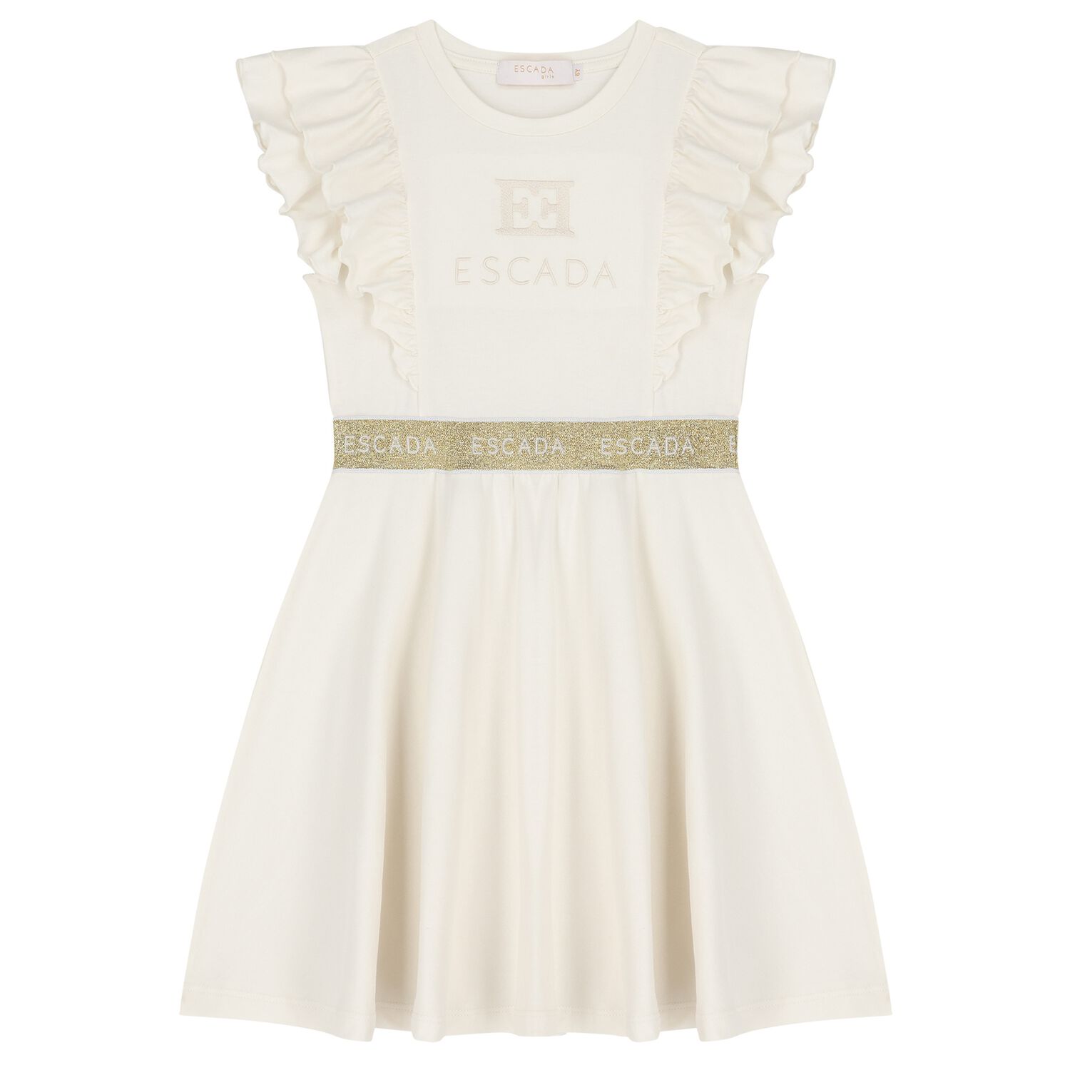 Girls Ivory & Gold Logo Ruffled Dress, 1, hi-res
