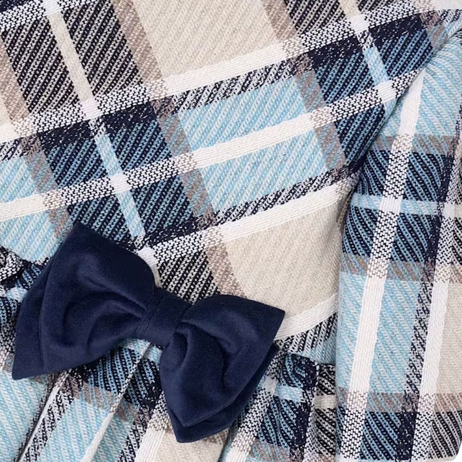 فستان بنات منقوش بفيونكه باللون الازرق والبيج, 3, hi-res