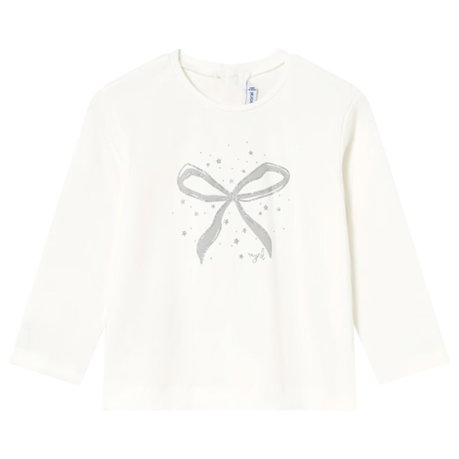 Younger Girls Ivory Bow Long Sleeve Top, 1, hi-res