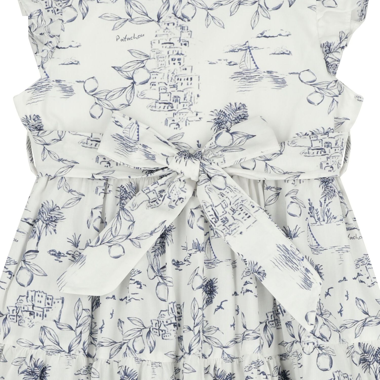 Girls White & Navy Blue Bow Dress, 1, hi-res