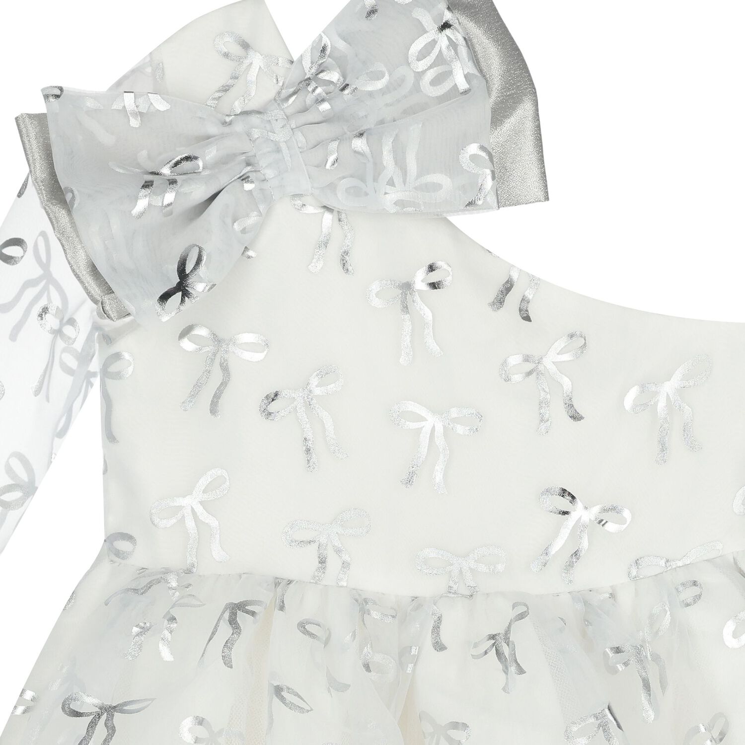 Girls White & Silver Bow Dress, 1, hi-res