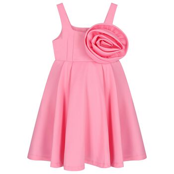 Girls Pink Satin Floral Applique Dress