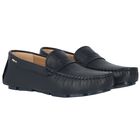 Boys Navy Blue Logo Moccasins, 2, hi-res