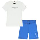 Boys White & Blue Logo Shorts Set, 1, hi-res