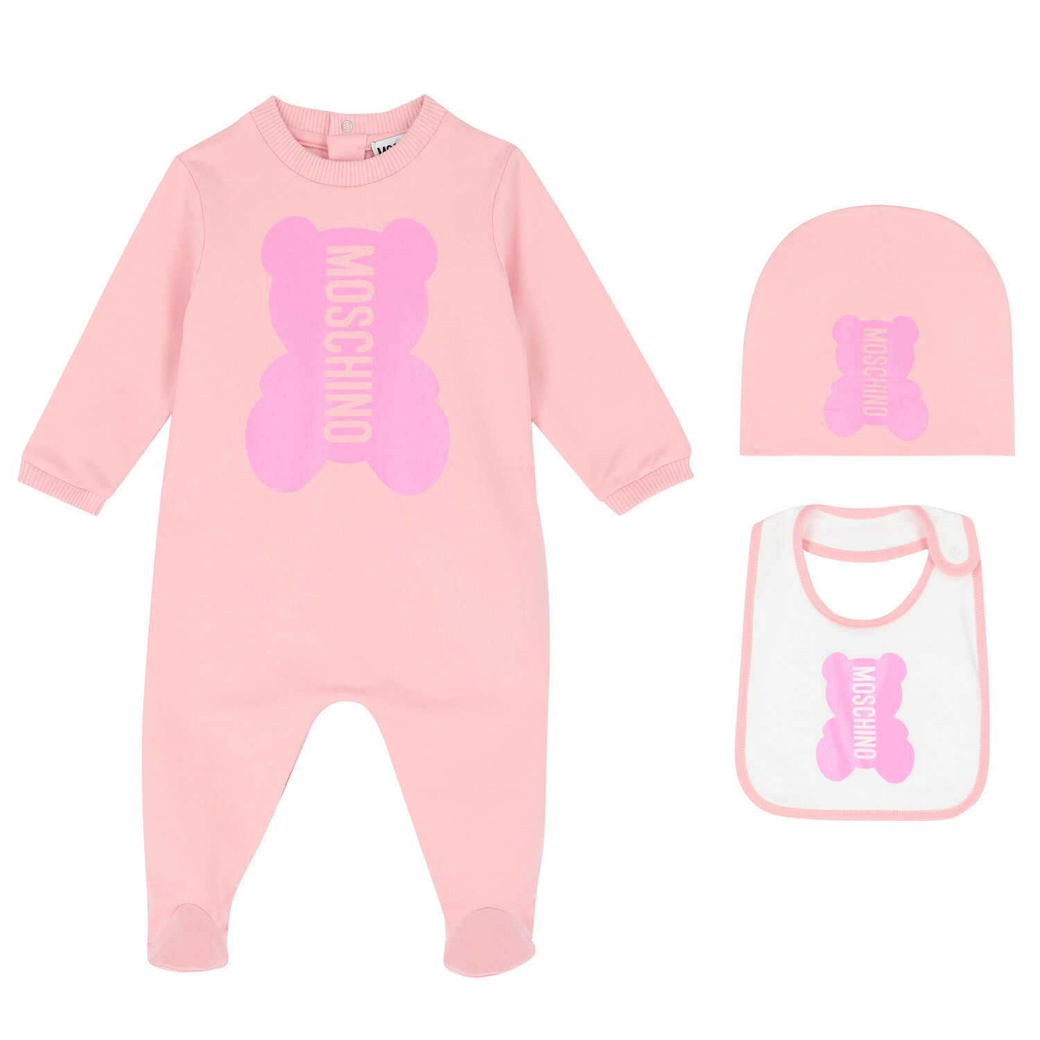 Pink Teddy Logo Babygrow, Hat & Bib Gift Set, 3, hi-res