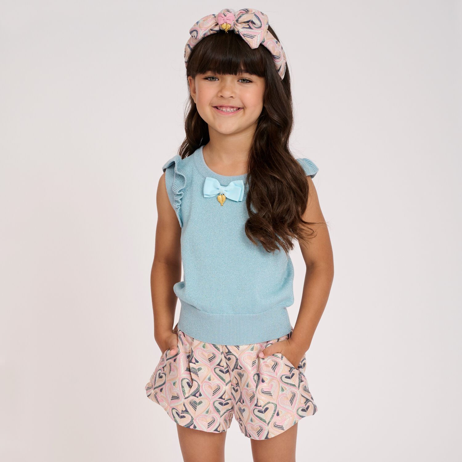 Girls Aqua Bow Knitted Sleeveless Top, 1, hi-res